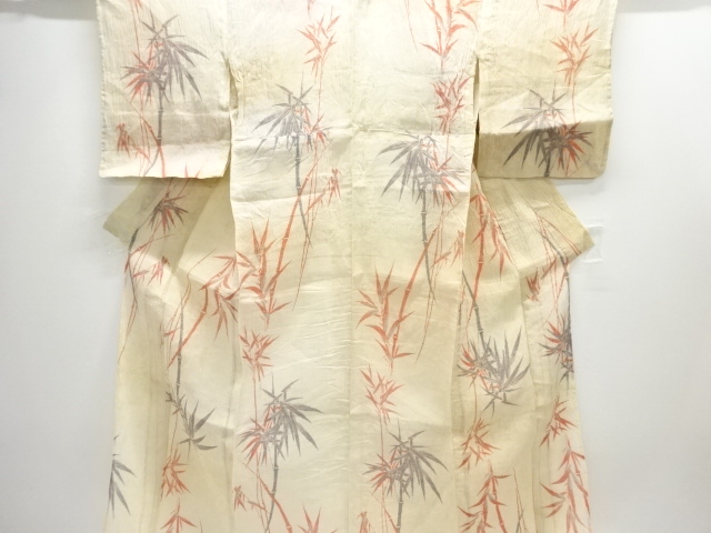 アンティーク　本場小千谷ちぢみ　竹笹模様織出し着物